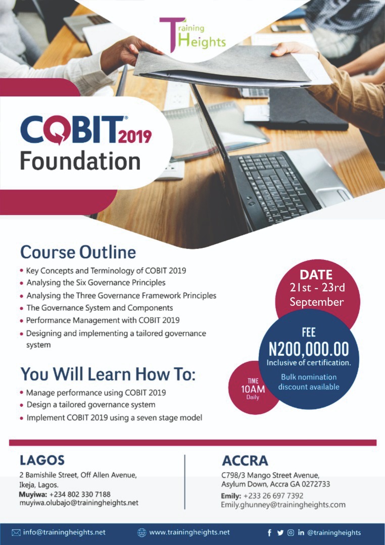 TrainingHeights's tweet photo. Is your IT Operation efficient?
Is it supporting your business goals?
COBIT 2019 is one of the world's most advance IT governance and management frameworks.
#TrainingHeights #COBIT2019 #BBNaijia2020 #GrowWithTH https://t.co/jTzssv6O03
