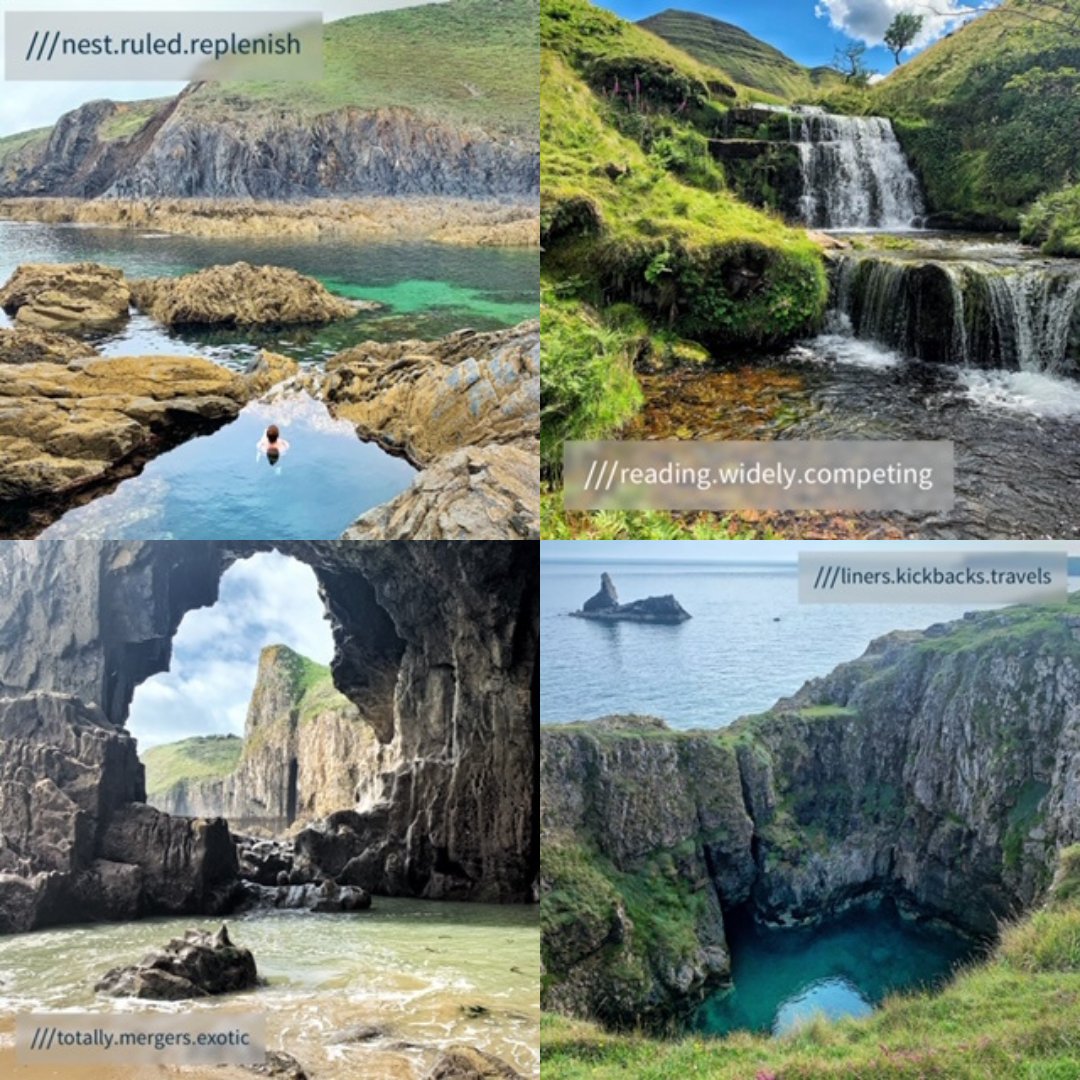 Four different what3words photos in one collage, showing a lake in top left corner, waterfall in top right corner, cove in bottom left corner and cliffs in bottom right corner. each addresses using what3words.