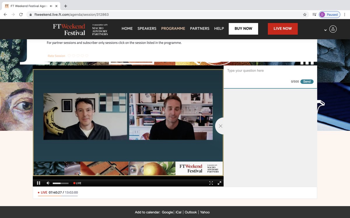 DavidGrayson_'s tweet photo. #FTWeekendFestival Now listening to a virtual #LunchwithFT like the regular feature in @ftweekend (which is 1 of my favourite bits of weekend edition of @FT). "Lunch" is between @Tim Bradshaw-global tech correspondent &amp; @evanspiegel CEO of @Snap They start by showing Snap tech: https://t.co/4iP7Fhq3Ak