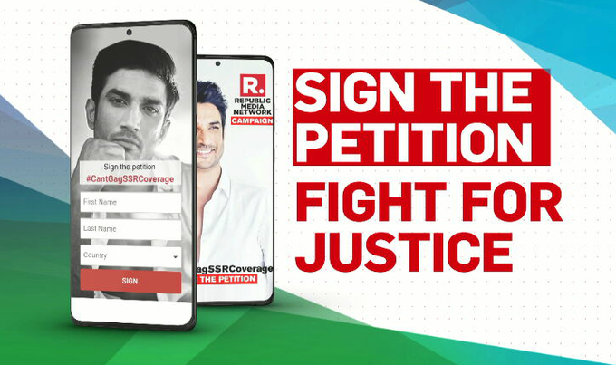 republic's tweet photo. #CantGagSSRCoverage | You joined the movement, you raised your voices to seek justice, now support the right to report on SSR. 

Sign the biggest petition on media rights now LIVE on https://t.co/Y9zlarecVl. https://t.co/oQPHNQieb6
