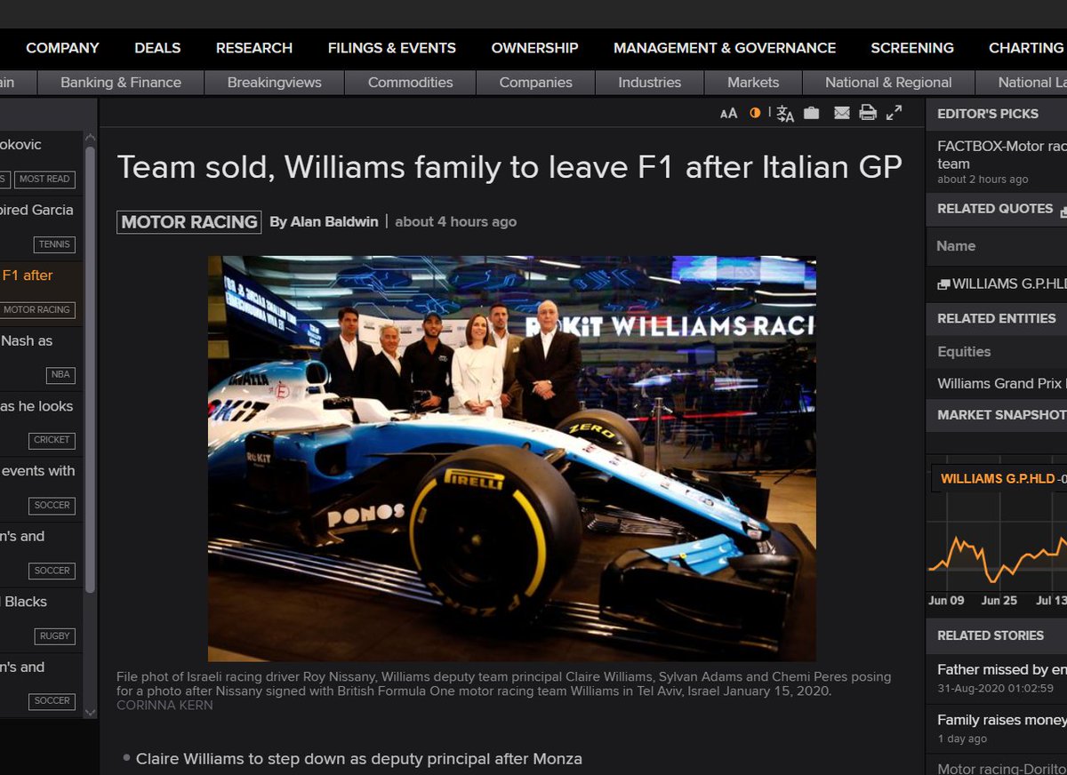 davidwicraig's tweet photo. Sir Frank Williams and Claire Williams step down from @williamsf1 - end of an era, but an incredible legacy and future ahead for Williams F1. Proud to have been partners for 15 years
#WilliamsF1 #TeamRefinitiv #Refinitiv https://t.co/qmYORzskls