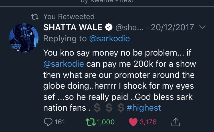africablogg's tweet photo. Exactly 3years today @shattawalegh said this to Ghana promoters but now @sarkodie is poor 😀😀😀😂😂😂 Shatta chop Sark money all I guess!! peace for Ghana ✌️✌️✌️ https://t.co/cU3AQbBDp6