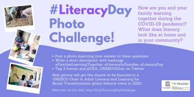 #Literacy Day Photo Challenge !
via UEA UNESCO Chair
SEP 8⃣ @UNESCO International #LiteracyDay
#FamiliesLearningTogether #LiteracyInFamilies
☑️ bit.ly/3i0zCms
#Literacy
#AdultLiteracy
#AdultEdu
#PromoteLiteracy
#Motivation