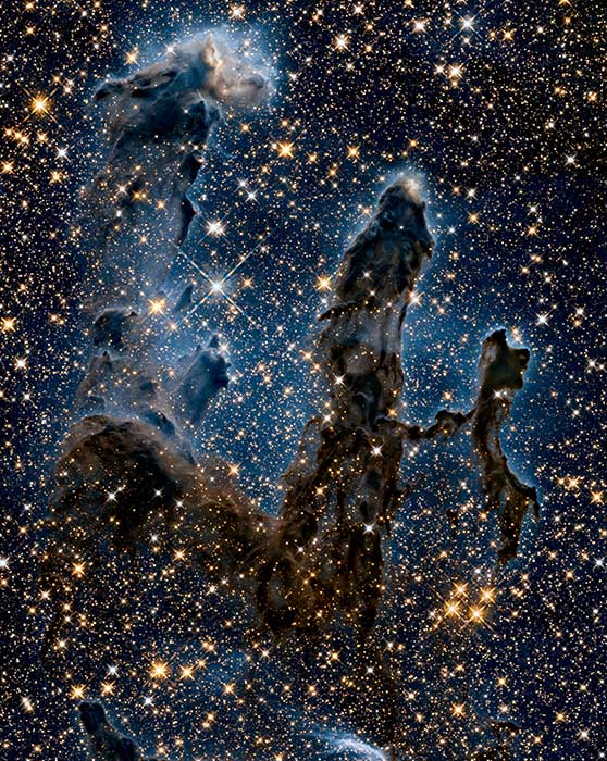 NASAExoplanets's tweet photo. Looking at the Pillars of Creation in visible light (left) &amp; infrared (right) shows how different views expand what we see. Infrared isn't blocked by the clouds of dust &amp; gas that form the pillars, revealing stars within &amp; beyond.

@NASAWebb will explore the cosmos in infrared. https://t.co/TY7YyiU2uo