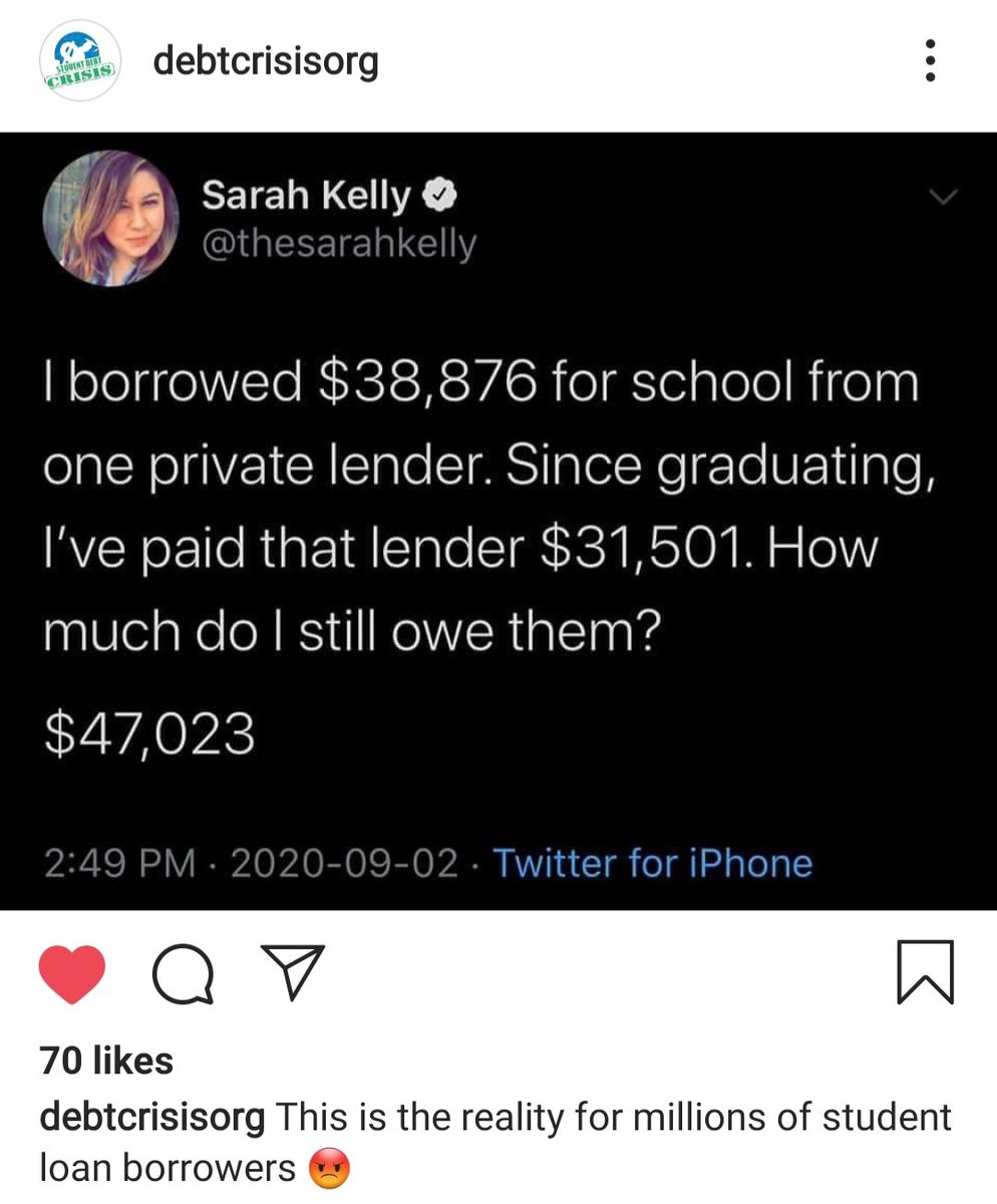samchi708's tweet photo. @fender_karl @DebtCrisisOrg This is why we need to be able to at least file bankruptcy.  The country will never recover from the economic depression we're in if it's educated adults are in a lifelong crippling debt https://t.co/U2HinVFqo4