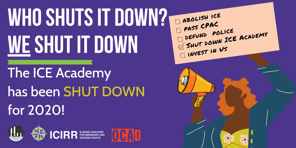 icirr's tweet photo. Who shuts it down? WE shut it down! The ICE "Academy" has been shut down for 2020. This is a HUGE win for our communities. Read the statement from ICIRR, @CAARPRNow, and @OCAD_CHI here: https://t.co/ZpOS11JKtV https://t.co/atPWihwQr6
