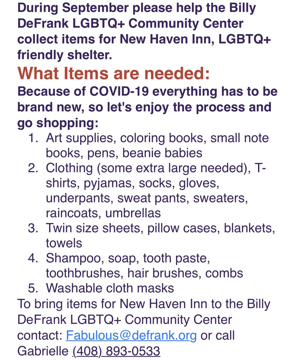 BAYMEC's tweet photo. During September please help the Billy DeFrank LGBTQ+ Community Center collect items for New Haven Inn, LGBTQ+ friendly shelter. Additional/Contact information below: https://t.co/x2NujWk4xt
