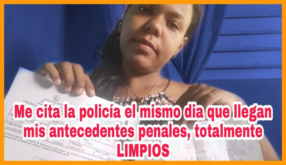RuhamaFernandez's tweet photo. El mismo dia que me llega la citacion oficial llegan mis antecedentes penales totalmente limpios, no soy una criminal, no he cometido ningún delito, aca les dejo un video donde pueden verlo claramente 👉🏽    https://t.co/9URoVdAGNf
#ley370 #LeyMordaza #DDHHRuhama #LeyAzote #Cuba https://t.co/IPAnTy9793