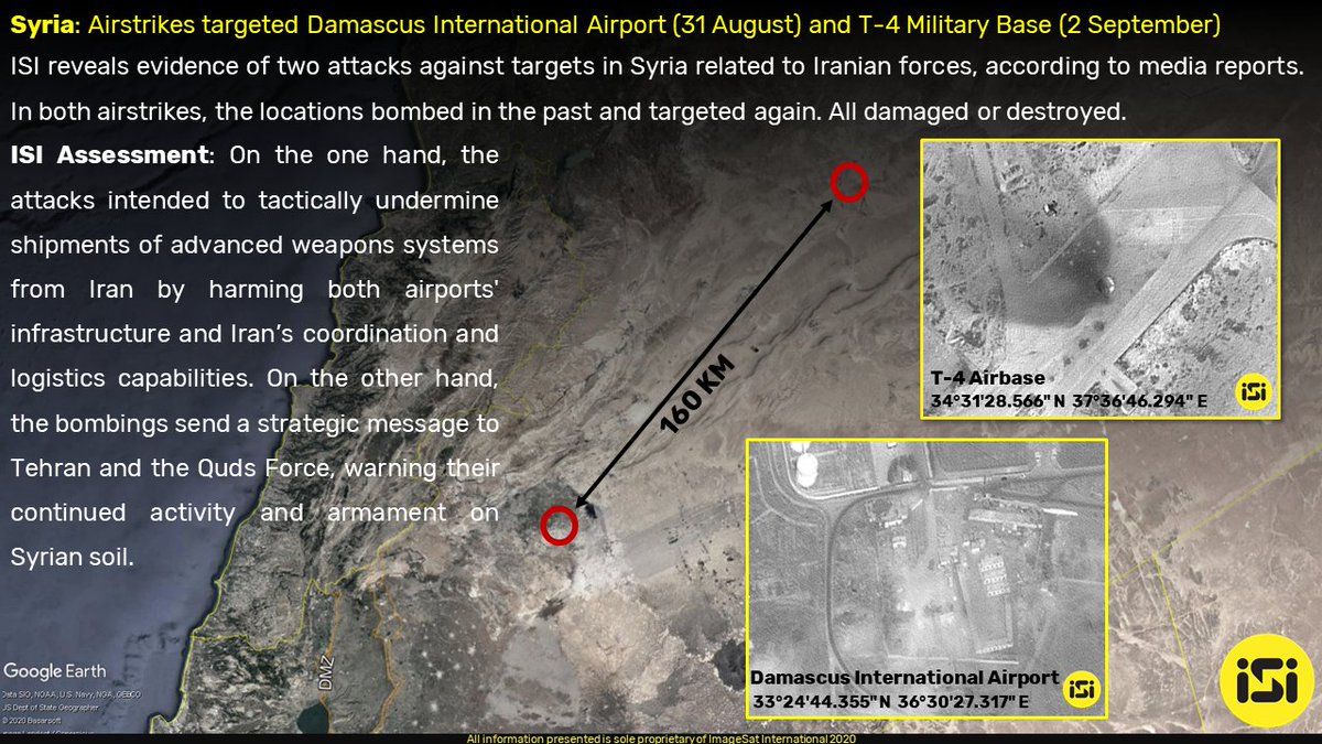  #Syria:  #Airstrikes targeted  #Damascus International Airport (31 August) and  #T4  #Military Base (2 September).  #ISI  #intelligence  #IMINT  #VISINT  #Space  #AI  #Defence  #Iran  #IRGC