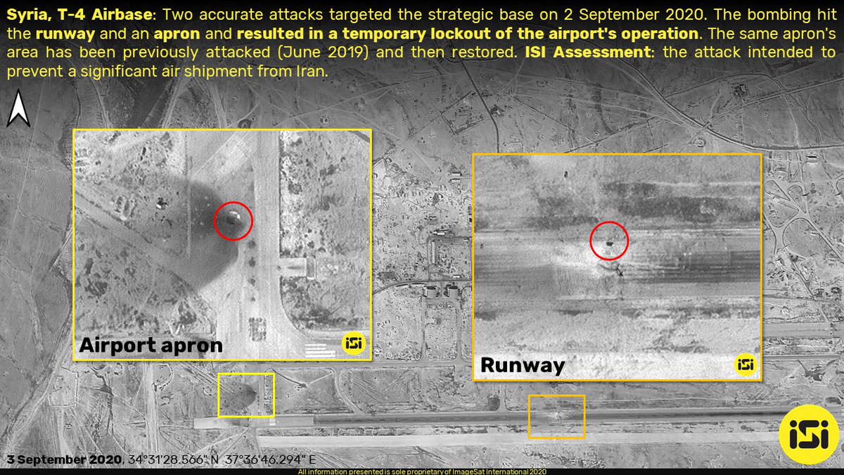  #Syria,  #T4 Airbase: Two accurate  #attacks targeted the base on 2 September 2020 and hit the runway and an apron and resulted in a temporary  #lockout of the  #airport's  #operation