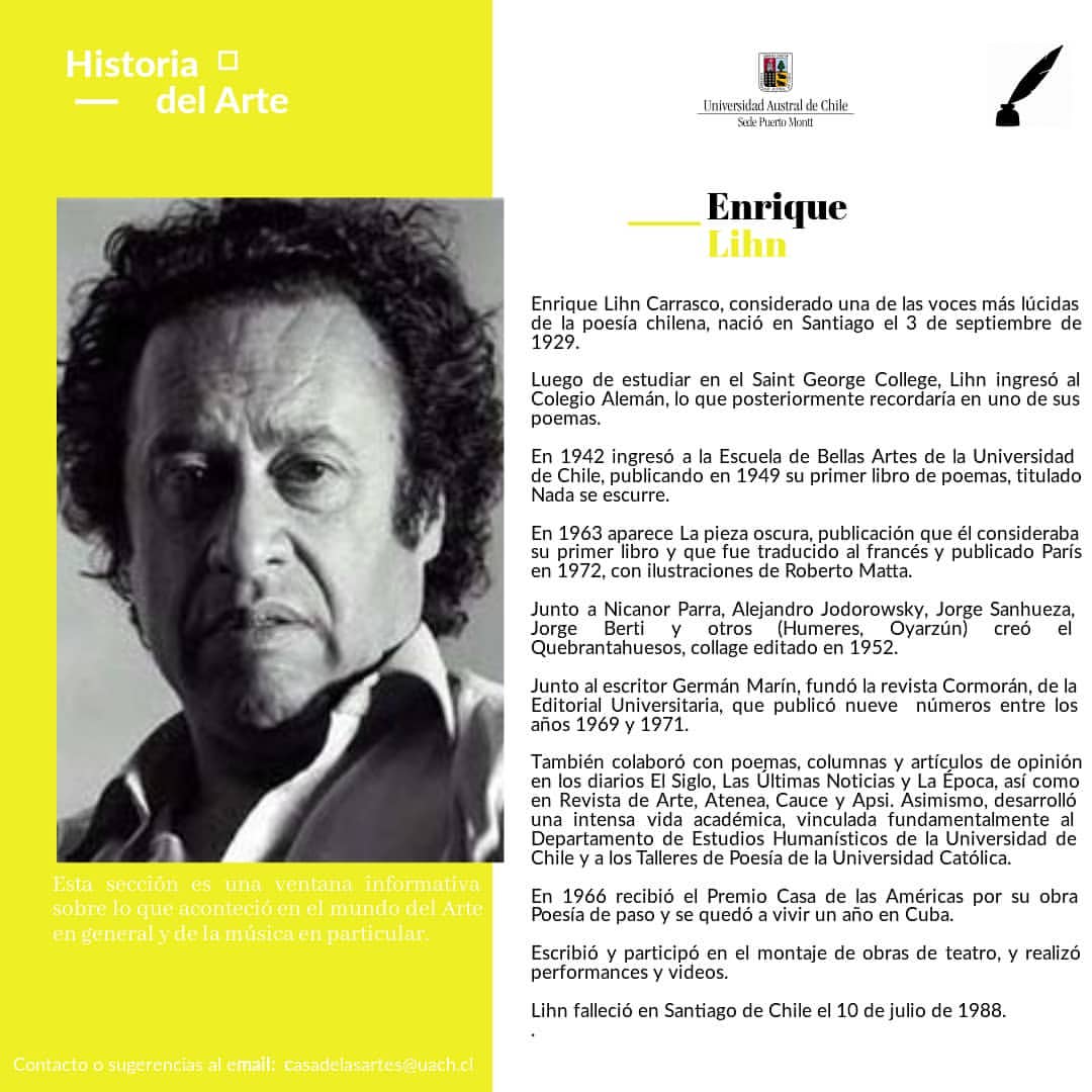 casartes_uach's tweet photo. Desde la Casa de las Artes UACh-Sede Puerto Montt, nuestra sección Historia del Arte..Sabías que un día como hoy...
#Efemerides 
#EnriqueLihn
#poesia 
#poeta
#Chile 
#Writer 
#poetry 
#lihn https://t.co/zS4REPFyQv