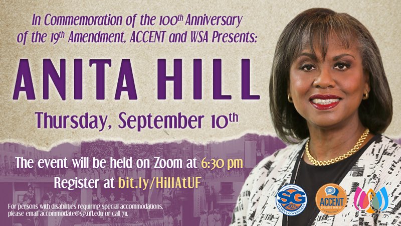 accentspeakers's tweet photo. We are thrilled to present our first show of the Fall semester featuring Anita Hill! This show is in partner with @UF_WSA to commemorate the 100th anniversary of the 19th amendment! https://t.co/5FCNMT0ZKO