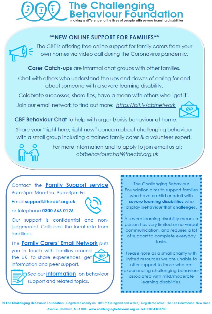 The CBF is offering free online support for family carers from your own homes via video call during the Coronavirus pandemic.

#FrontlineFamilies
#InvestinFamilies 
<a href="/contactfamilies/">Contact</a>  <a href="/LearningDisEng/">LDEngland</a>  <a href="/mencap_charity/">Mencap</a>  <a href="/Autism/">National Autistic Society</a>  <a href="/bustogether/">Bringing Us Together</a>  <a href="/YvonneNewbold/">Yvonne Newbold MBE</a>