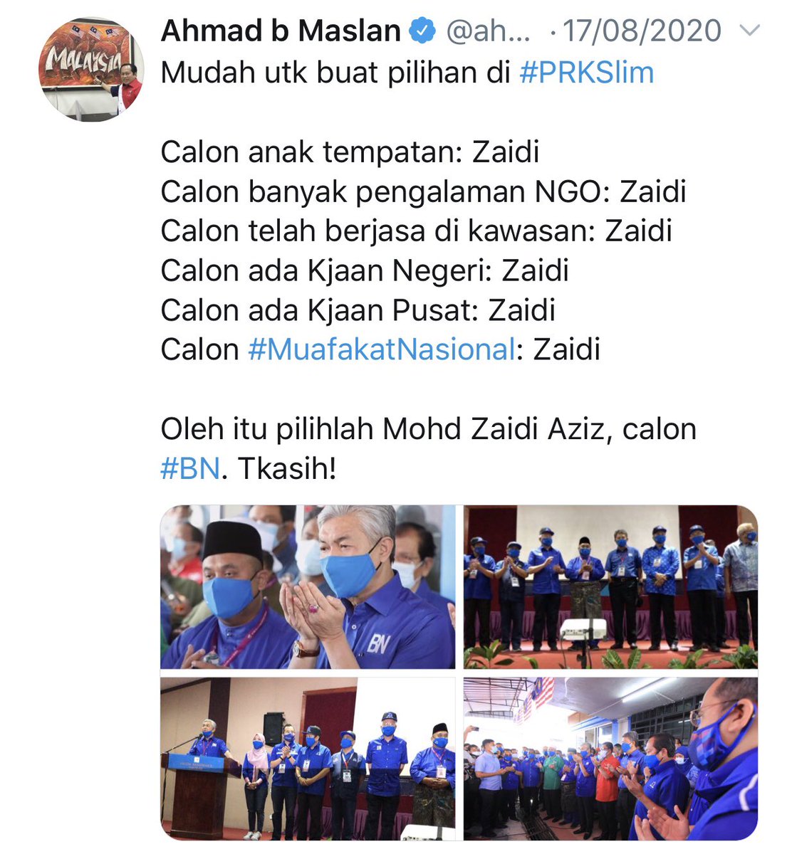 ahmadmaslan's tweet photo. Twitter saya 17/8/20 sebut kelebihan YB Mohd Zaidi Aziz. Mana ada kami bayar pengundi
Jentera #BN, #MN, terutama #UMNO & #PAS, #Wanita, #Pemuda, #Puteri, #Penerangan, #PPBM, #FriendsOfBN pembantu luar, sangat teratur
Calon Tun M @chedetofficial tak ada itu. Terimalah kekalahan! https://t.co/0MhQoMJ7V9