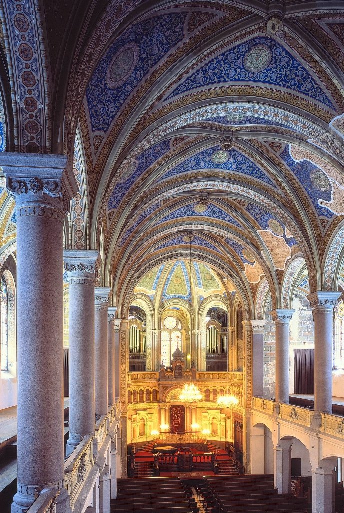 The Great Synagogue was built in 1892 in Plzeň, Czechia.It can seat 2,000 people, making it one of the largest synagogues in the world.The city council forced the towers' design to be shortened so the a nearby bishop would not get envious.