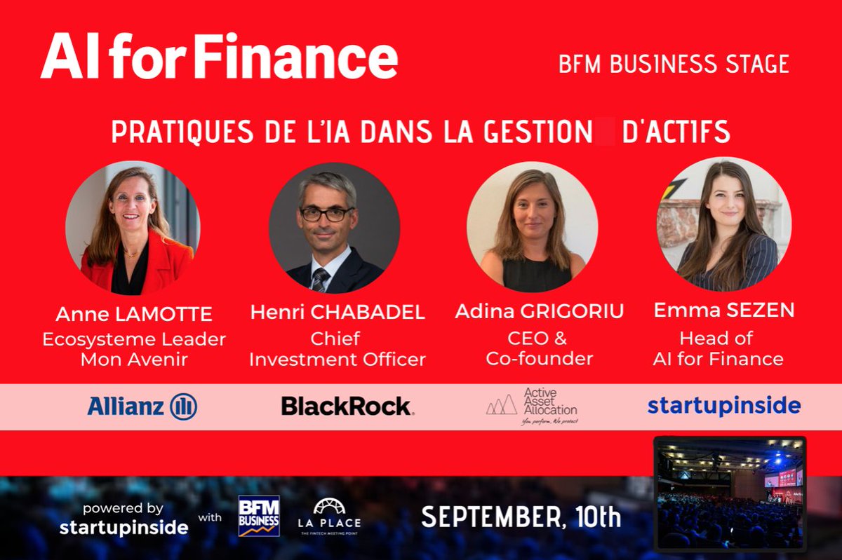 Active Asset Allocation (@activassetalloc) on Twitter photo Retrouvez nous lors de la conférence "Pratiques de l'IA dans la gestion d'actifs" le 10 septembre prochain à 10h05, aux côtés de <a href="/allianzfrance/">Allianz France</a>, @blackrock et <a href="/Startup_inside_/">Startup Inside</a> ! 🎤
Inscrivez-vous ici pour ne rien rater de cet événement 100% digital : lnkd.in/dscV7Qq Retrouvez nous lors de la conférence "Pratiques de l'IA dans la gestion d'actifs" le 10 septembre prochain à 10h05, aux côtés de <a href="/allianzfrance/">Allianz France</a>, @blackrock et <a href="/Startup_inside_/">Startup Inside</a> ! 🎤
Inscrivez-vous ici pour ne rien rater de cet événement 100% digital : lnkd.in/dscV7Qq