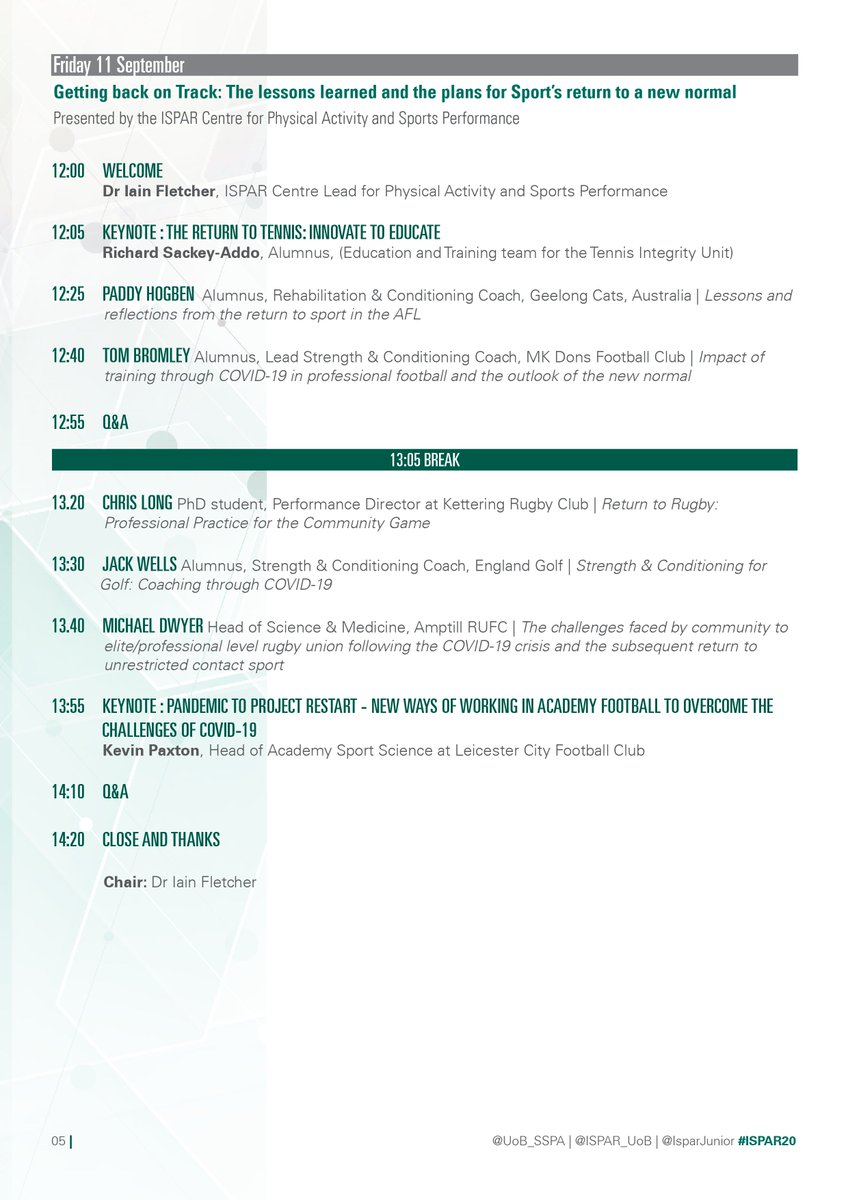 Last but not least, day 3 of #ISPAR20! 🔬

Our conference will end with an engaging insight into the lessons learned and the plans for sport’s return to a new normal, chaired by our own Dr Iain Fletcher.

Don't miss out, sign up for our free conference now unibeds.info/ISPARconf20