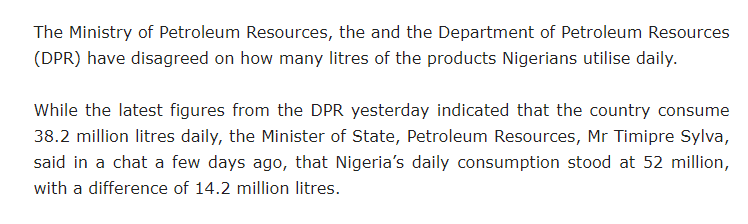 According to the attached report, Nigerians consume 38.2 million litres of PMS daily. This, based on the old 145/ltr price, means if subsidy or under recovery is still in effect, the govnt would have been paying ₦6.56 per litre every time you fill up.  https://www.thisdaylive.com/index.php/2020/06/02/petroleum-ministry-dpr-differ-on-nigerias-daily-fuel-consumption/