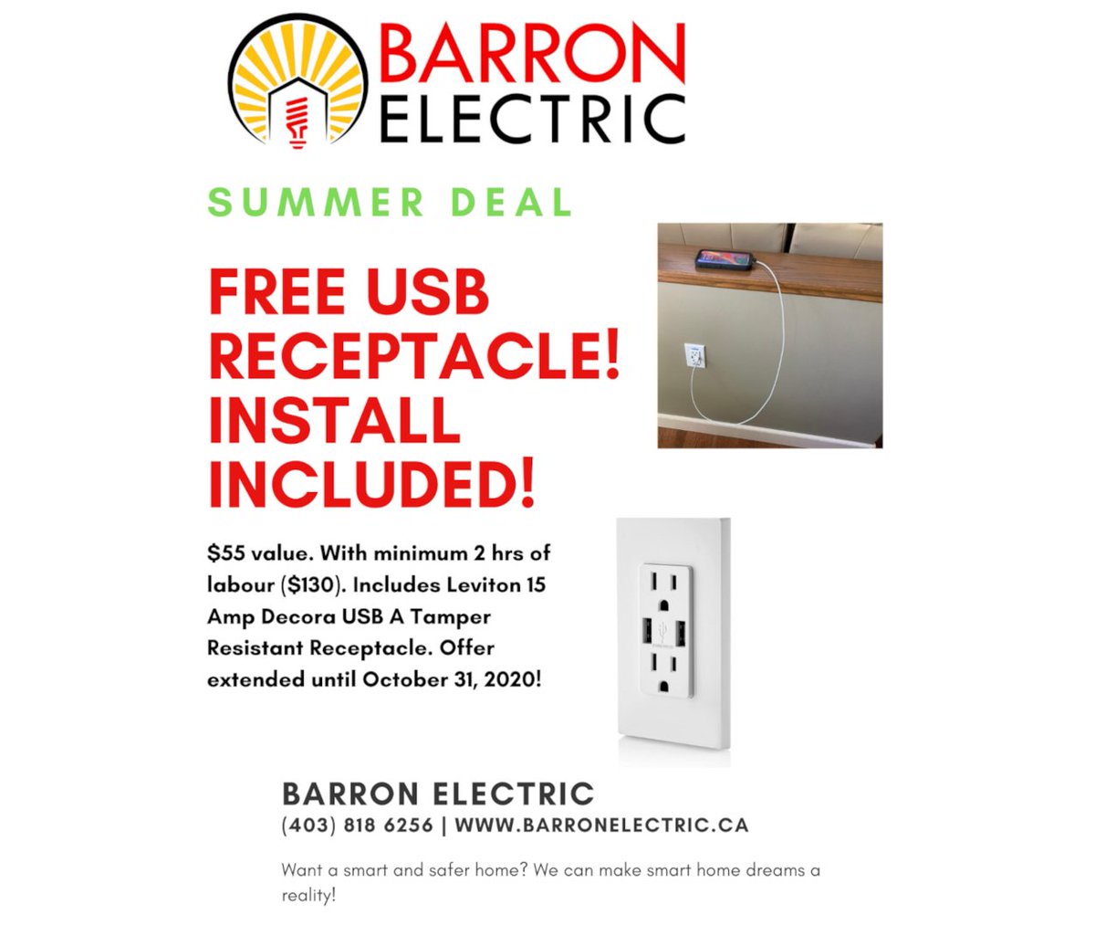barron_electric's tweet photo. Check this out! The Summer Special has been extended until October 31, 2020! Get a FREE USB receptacle (install included) to charge your phones and tablets, on jobs with 2 hrs of labor of more. Details below. https://t.co/36F6WCS98W