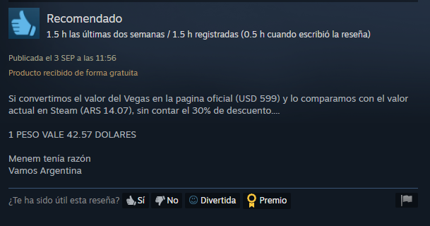 JotaEquis7's tweet photo. Si convertimos el valor del Vegas en la pagina oficial (USD 599) y lo comparamos con el valor actual en Steam (ARS 14.07), sin contar el 30% de descuento:

1 PESO VALE 42.57 DOLARES.

Menem tenía razón.
Vamos Argentina! https://t.co/p1zrsMYj8N
