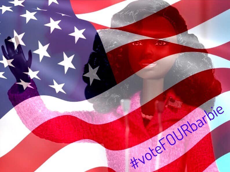 theblackdolls's tweet photo. Barbie is campaigning 4 President! In her “Vote FOUR Barbie” Presidential campaign, join her in getting at least 4 of your Dollfriends registered to vote and 4 more Dollfriends to vote on November 3rd. Hence, her campaign hashtag #voteFOURbarbie. Check https://t.co/p5stHF0TIw https://t.co/gIyMzKNoru