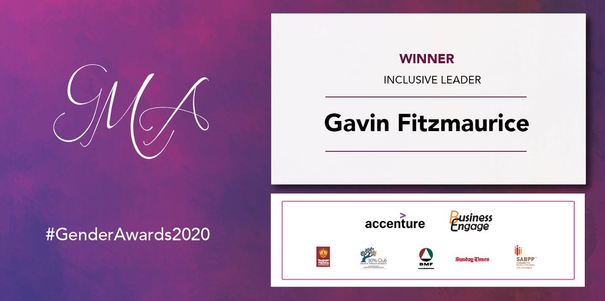 Gender_Awards's tweet photo. Congratulations to @fitzmaurice66 on being the winner in the @GenderAwardsSA Inclusive Leader category  

Follow the awards here : 
YouTube streaming link: https://t.co/MkSIjIuokQ
VIMEO streaming link: https://t.co/QyCkNsYMZc

#GenderAwards2020
#BackToEqual https://t.co/oTkHvyQlib