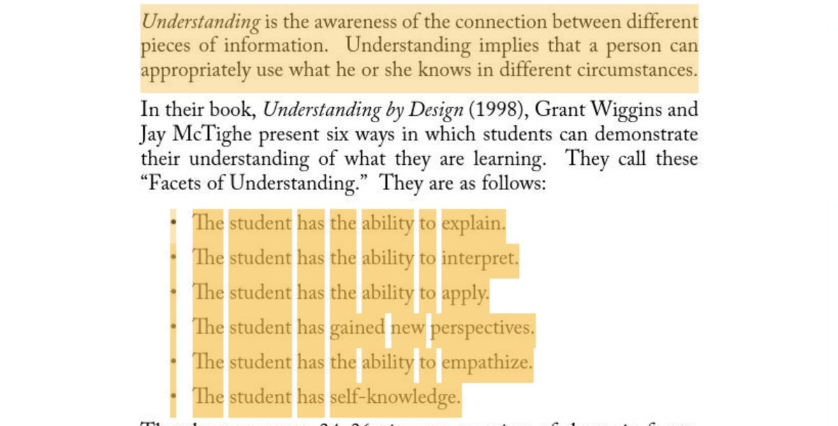 MsLawsonLearns's tweet photo. Isecke (2006) emphasized the importance of #studentunderstanding over #studentmemorization. Ch.1- Understanding allows students to become experts rather than notices (pic 1). Ch.2- Isecke outlines ways in which students can demonstrate understanding. #tlt407 #backwardsplanning https://t.co/BKX7d9bJM5