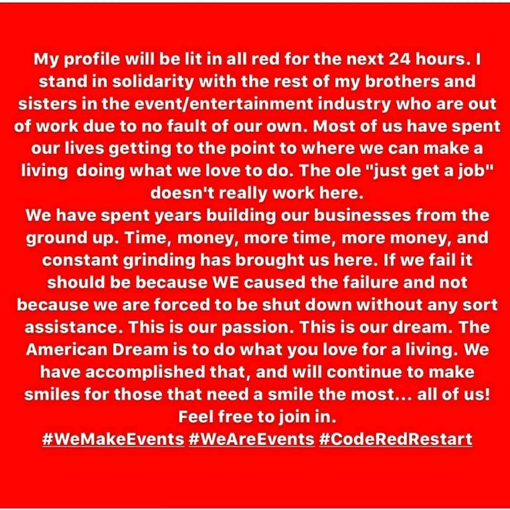 DSTMDJ's tweet photo. Our profile will be lit in all red for the next 24 hours. We stand in solidarity with the rest of our brothers and sisters in the event/entertainment industry who are out of work due to no fault of our own.
#WeMakeEvents #WeAreEvents #CodeRedRestart https://t.co/yr92Xfeij7