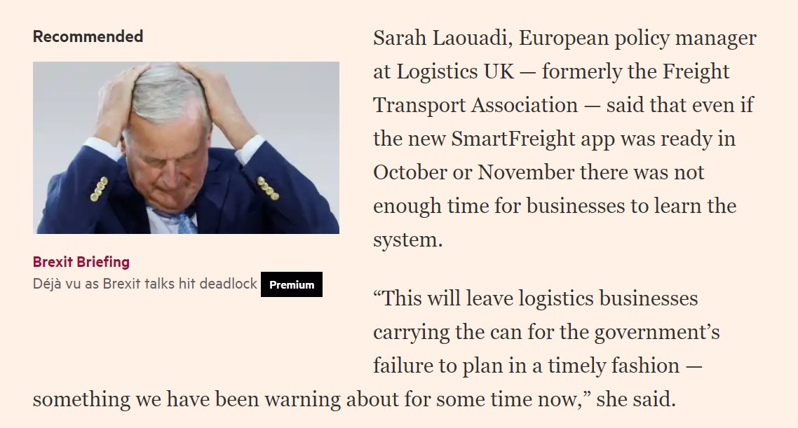 They are not ready and industry doesn't have its hands on them in order to get used to them. For example the SmartFreight App that is supposed stop traffic jams in Kent.As Sarah Laouadi of  @LogisticsUKSL says even it it is ready by oct/nov how will biz adjust? /5