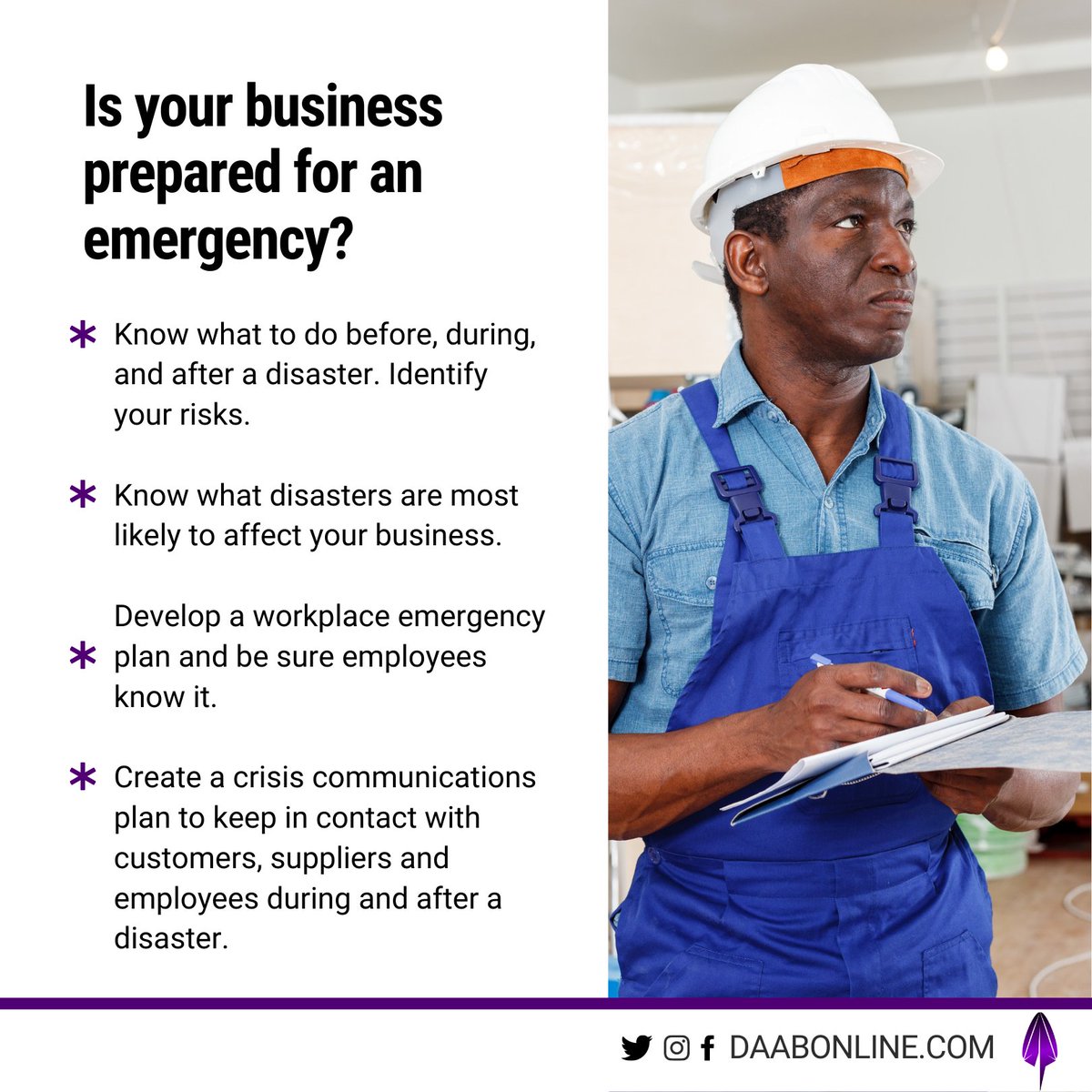 daabonline's tweet photo. September is National Preparedness Month, and we're sharing tips to help you prepare. Here's eight tips to get you started courtesy of @Readygov ! Visit https://t.co/B9Whc4g9Kn

#daabonline #NationalPreparednessMonth #thursdaytip #business #emergencyplan https://t.co/XZoiUhHFTK
