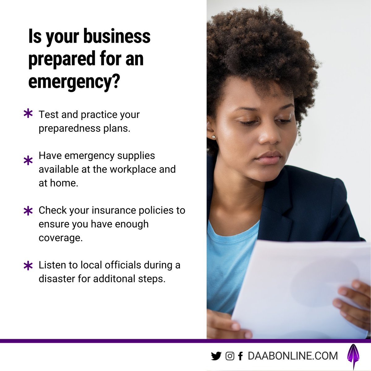 daabonline's tweet photo. September is National Preparedness Month, and we're sharing tips to help you prepare. Here's eight tips to get you started courtesy of @Readygov ! Visit https://t.co/B9Whc4g9Kn

#daabonline #NationalPreparednessMonth #thursdaytip #business #emergencyplan https://t.co/XZoiUhHFTK