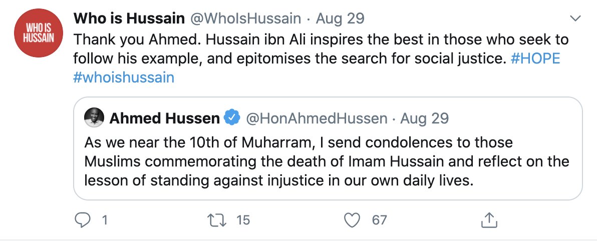 Wait for it - Imam Hussain Ibn Ali - grandson of mohammad. He follows "charity" work of  @WhoIsHussain that has absolutely no qualms in promoting hussain's teaching of Islam. Guess Islam never left him.