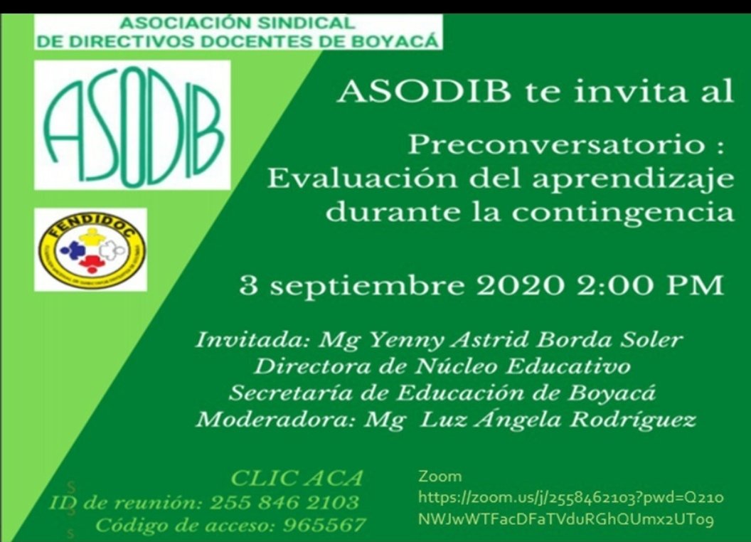 <a href="/ASODIB_BOYACA/">ASODIB</a> invita a la participación en el preconversatorio sobre la evaluación del aprendizaje.Grande evento de reflexión académica <a href="/PFendidoc/">Fendidoc</a> @Arcun_Cund <a href="/asddetol/">ASDDETOL</a> <a href="/AsdidocSder/">𝔸𝕊𝔻𝕀𝔻𝕆ℂ - Sindicato de Directivos Doc. Sder</a> <a href="/Sindodic/">SindodicSindicato Nacional de Directivos Docentes</a>