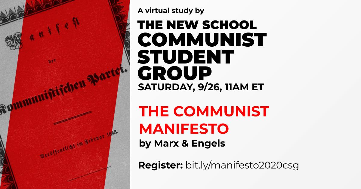 NewSchoolReds's tweet image. Our virtual studies are back for Fall!

Join us Sat 9/26 at 11am Eastern for a lecture and discussion on the first text to systematically elaborate the fundamental principles of Marxism: The Communist Manifesto.

Register here: bit.ly/manifesto2020c…