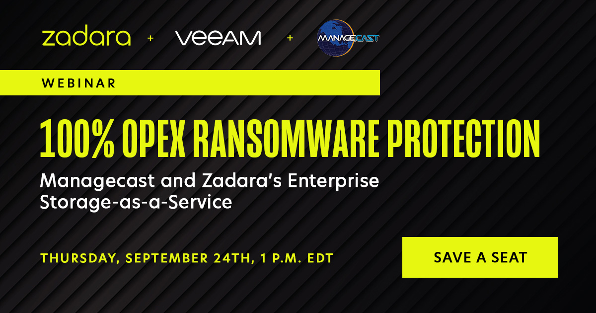 Zadara's tweet photo. Upcoming live webinar! 100% - OpEx Ransomware Protection with Zadara, Veeam Software and Managecast Technologies, Inc. Save your seat - https://t.co/Ln8qgjhFaa

#ransomware #dataprotection #datasecurity #cloudstorage #cloud https://t.co/H1fUvpX8eY
