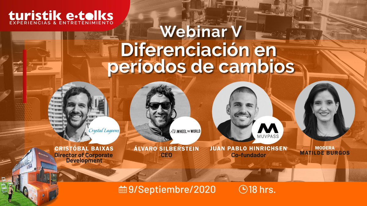 Último Webinar de #TuristikEtalks ´Diferenciación en períodos de cambios´, #Innovacion y #Digitalización con exponentes de Crystal Lagoons, <a href="/MuvPass/">MuvPass</a> y @WheelTheWorld. Modera <a href="/matiburgos/">Matilde Burgos</a>
👉PRÓX. MIÉRCOLES 9 DE SEPT.
🕛18:00 HRS
Últimos cupos gratuitos en turistik-etalks.cl