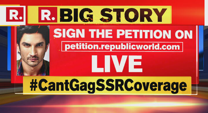 republic's tweet photo. #CantGagSSRCoverage | Don’t let India’s biggest public campaign be gagged. Time to come together to ensure that justice for Sushant is delivered. 

Sign the petition here - https://t.co/Y9zlarecVl https://t.co/pLvHf1oWzJ