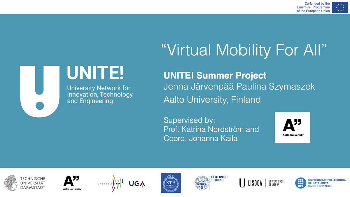 We are grateful to UNITE! students Jenna Järvenpää &amp; Paulina Szymaszek, from <a href="/AaltoUniversity/">Aalto University</a>, who have devised a thorough strategy to address inclusion in UNITE! for their Summer Project "Virtual Mobility for All" 🤩

unite-university.eu/whatsnew/virtu…

#LetsUNITE #EuropeanUniversities