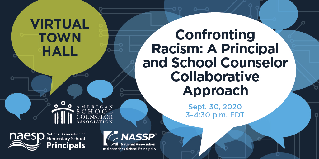 Join ASCA, <a href="/NASSP/">National Assoc. of Secondary School Principals</a> &amp; <a href="/NAESP/">National Assoc. of Elementary School Principals</a> for a Sept. 30 town hall on how school counselors and principals can work together to address racism. Register today. ow.ly/Zryk50BhcxZ