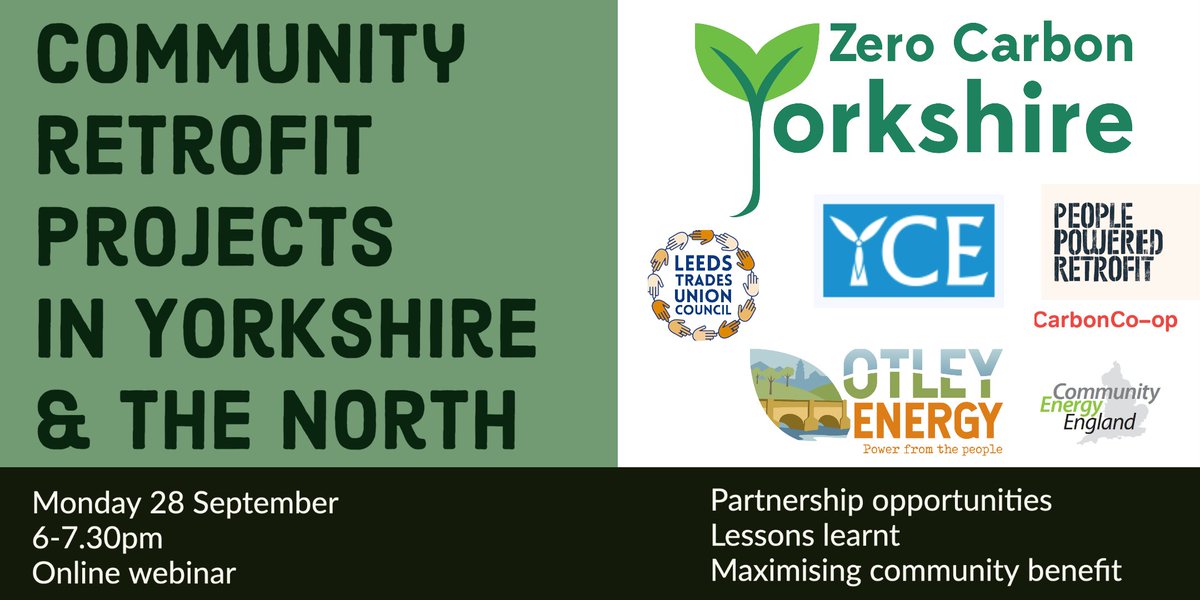 Our next webinar: Community Retrofit Projects is on 28th Sept.
Book your place via Eventbrite eventbrite.com/e/community-re… @Comm1nrg #OtleyEnergy #PeoplepoweredRetrofit #LeedsTUC