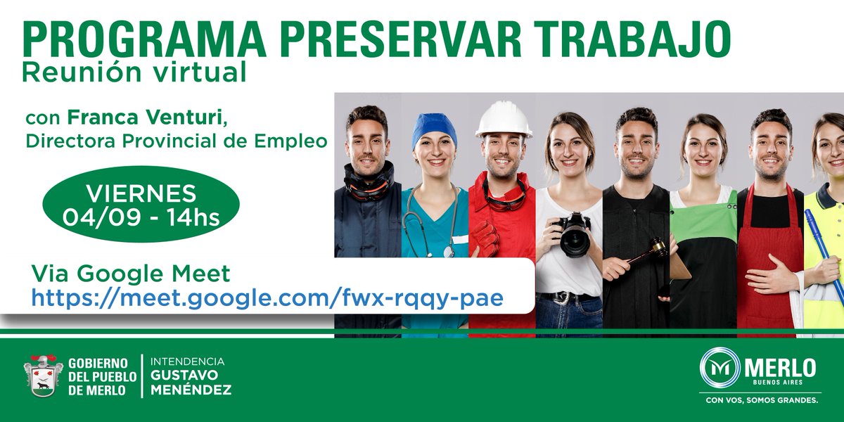 GustiVillagra's tweet photo. Para conocer detalles del Programa Preservar Trabajo (PPT) del Gobierno de la Provincia de Buenos Aires nos reuniremos en forma virtual con la Directora Provincial de Empleo Franca Venturi junto a comerciantes, industriales y emprendedores
#GestionGustavoMenendez
#EmpleoMerlense https://t.co/BZs9BlSSKC
