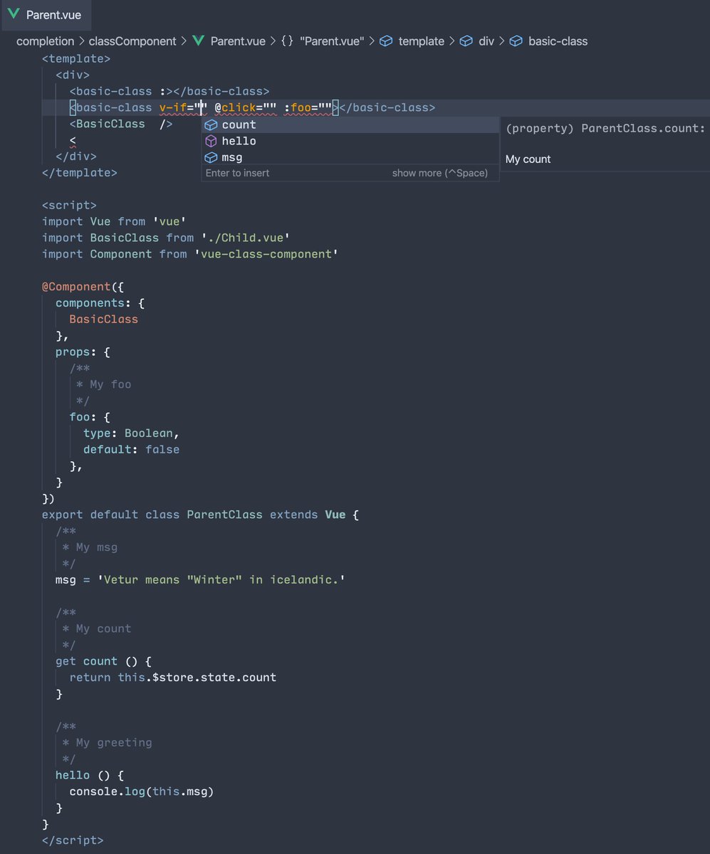 octref's tweet photo. Vetur 0.27 w/ 25 features/bug fixes.

- Show error/warning for missing props: https://t.co/csJSx8Om04
- Support `vue-class-component` &amp; `vue-property-decorator` for interpolation diagnostics
- Support FoldingRange / `#region`

Thanks to contribution from @yoyo930021 and others! https://t.co/D8MYj4QDH2
