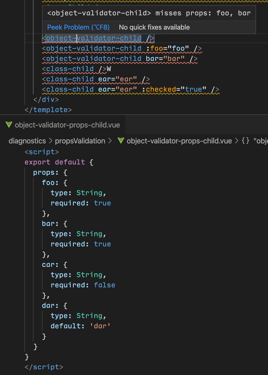 octref's tweet photo. Vetur 0.27 w/ 25 features/bug fixes.

- Show error/warning for missing props: https://t.co/csJSx8Om04
- Support `vue-class-component` &amp; `vue-property-decorator` for interpolation diagnostics
- Support FoldingRange / `#region`

Thanks to contribution from @yoyo930021 and others! https://t.co/D8MYj4QDH2