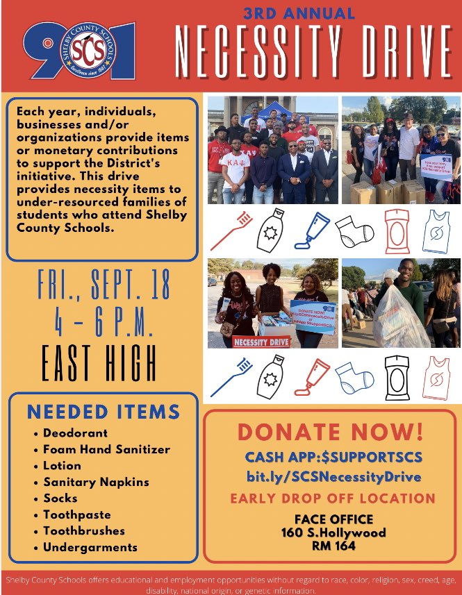 SCSSuptRay's tweet photo. More than ever, we need your support at the District's 3rd annual Necessity Drive. Each year, individuals, businesses and/or organizations provide items or monetary contributions to support our families. Join us Friday, September 20, from 4-6 p.m. @TSTEMEast #StrongerTogether https://t.co/65WRWtnfkK