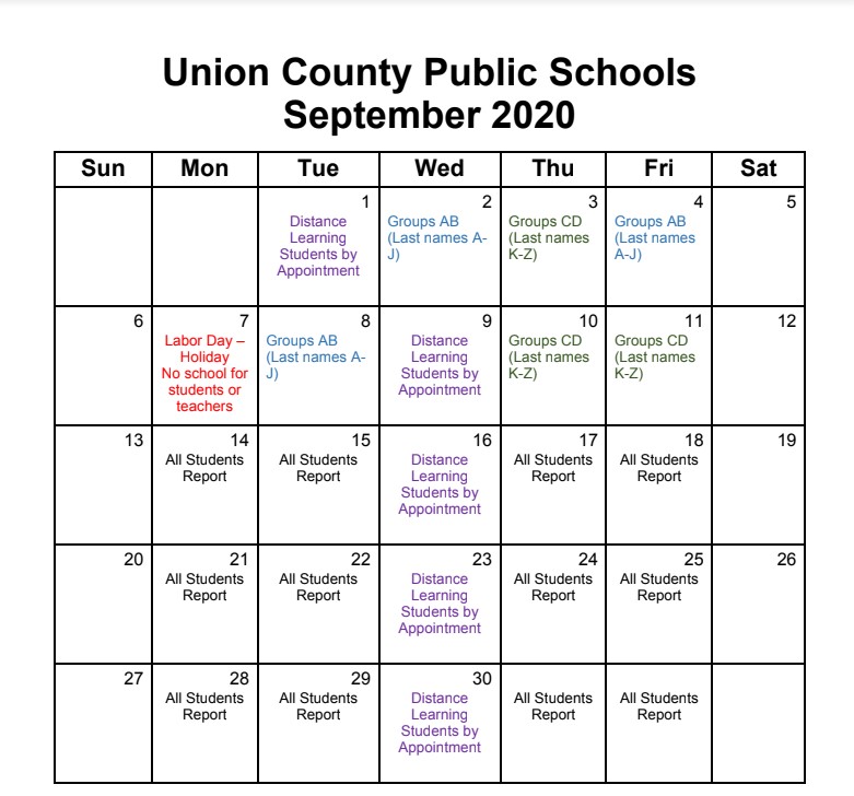 UnionCounty4's tweet photo. September Student Schedule https://t.co/a2yoDNsXul