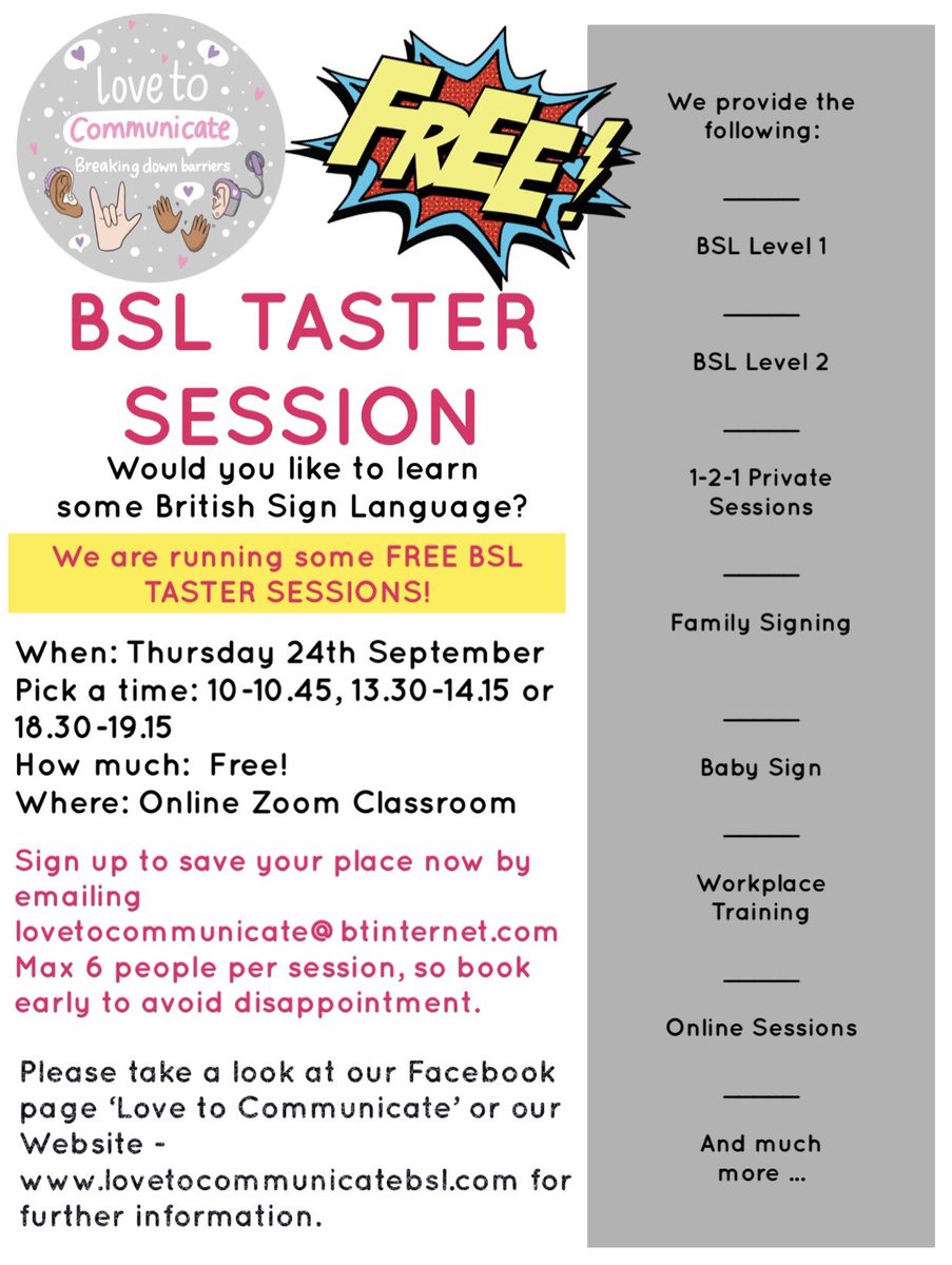 Anyone wanting to learn to sign? I am offering free 45 minute taster sessions on 24th September. Email me to secure your chosen slot. Spaces are limited! Go go go!!! 🤟🏽