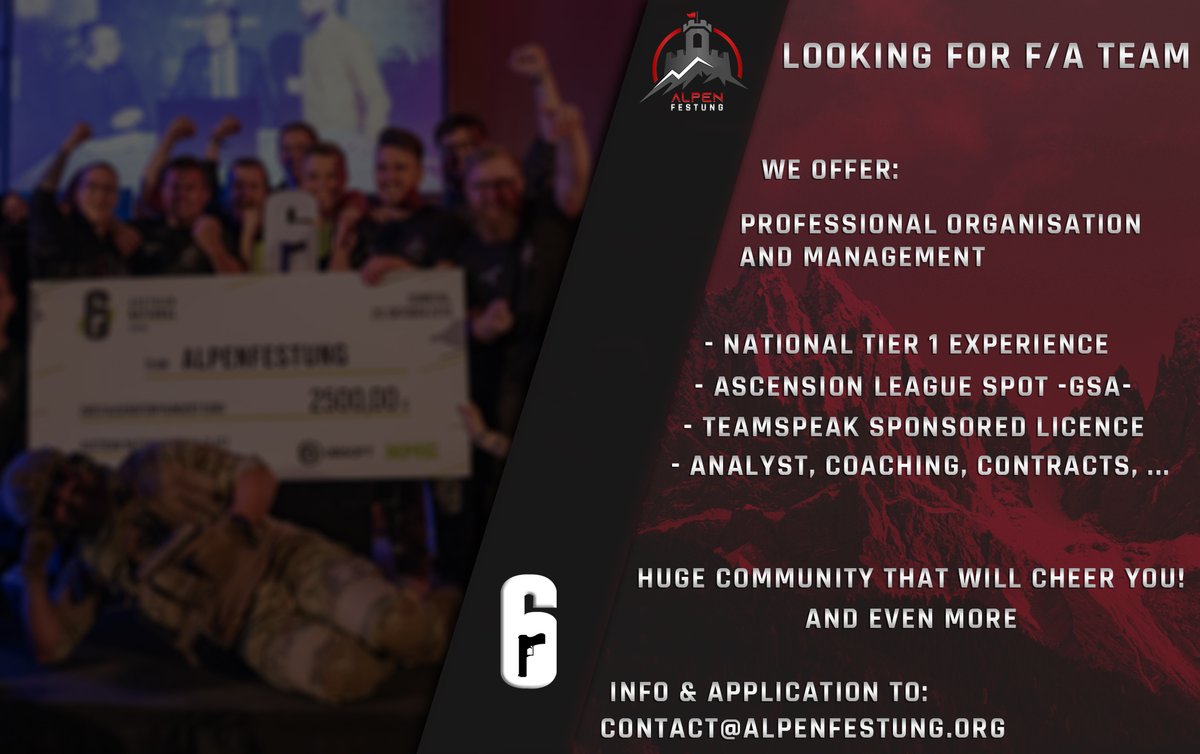 AlpenfestungOrg's tweet photo. ❗️NEWS❗️
Our R6 #MainTeam will go seperated ways after the #R6AL!

A big thanks to our Team! Super experienced players with a great personality. We will recommend each and everyone!

For us this means that we are looking for a F/A team from the 6th Oct.!
#LFT #LFP #R6S https://t.co/va22tTfzgg