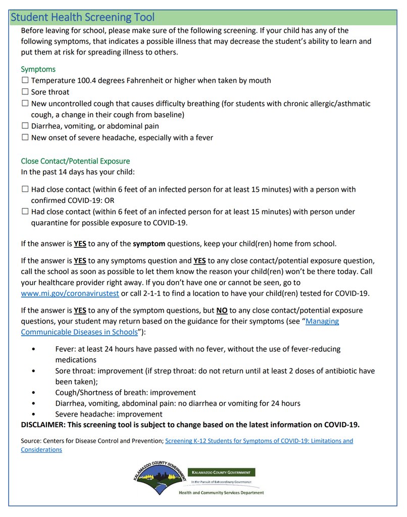 ParchmentSchool's tweet photo. PSD Families: Please take a moment to read this screening tool! To make sure we can continue in-person learning, we need parents to be vigilant to ensure the safety of all and prevent the spread of illness. We know how much our Panthers want to get back to school! #weareparchment https://t.co/oelfFC6XqP