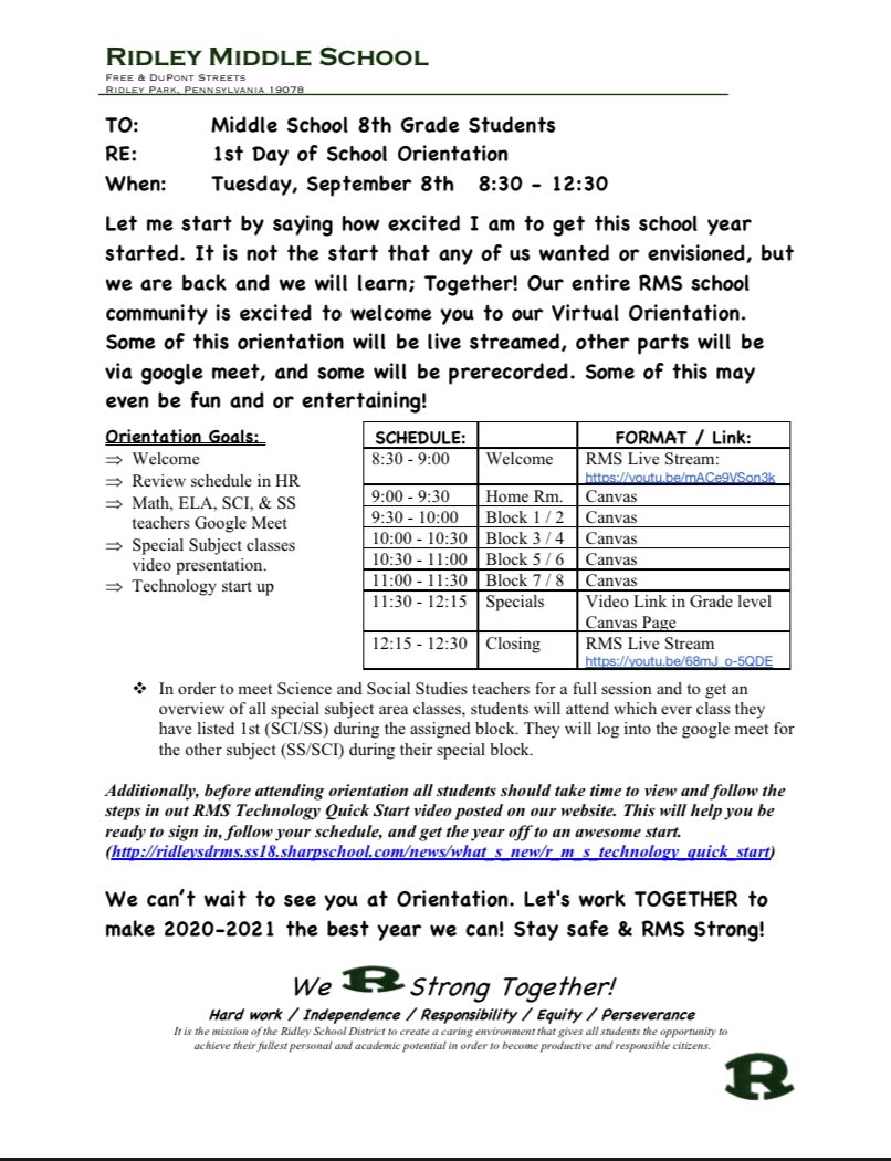 Ridley Middle School On Twitter 8th Grade 1st Day Orientation 9 8 20 Ridley Middle School Calendar